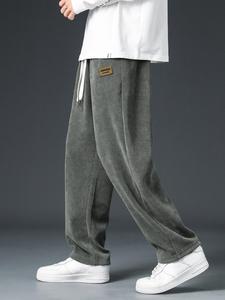 men's loose plain letter patched drawstring pocket corduroy jogger for spring, pants for men, back to school outfits, straight leg trousers for outdoor sports, men cargo pants, casual sports fall clothes bottoms, fall outfits, vintage clothing