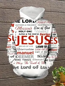Men's Jesus Print Hoodie, Casual Fitted Design, Polyester Knit Fabric, Loose Fit, Fall & Winter Fashion, Lightweight Comfortable Wear, Graphic Hoodie, Casual Hooded Sweatshirt