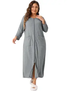 Agnes Orinda Women's Plus Size Sleepwear Zipper Front House Coat Short Sleeves Robe Bathrobes Short Nightgown with Pockets