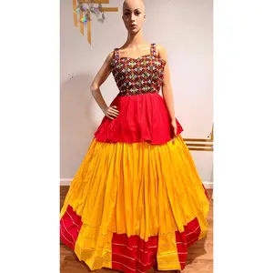 Rayon Cotton Lehenga in vibrant yellow with a contrasting red border | Navratri Vibes | KarwaChauth Elegance