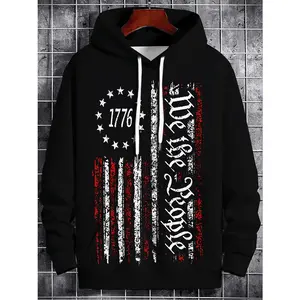 Comfortable Mens Casual Athletic Hoodie Featuring Polyester Long Sleeves and Bold American Flag Design in Plus Size