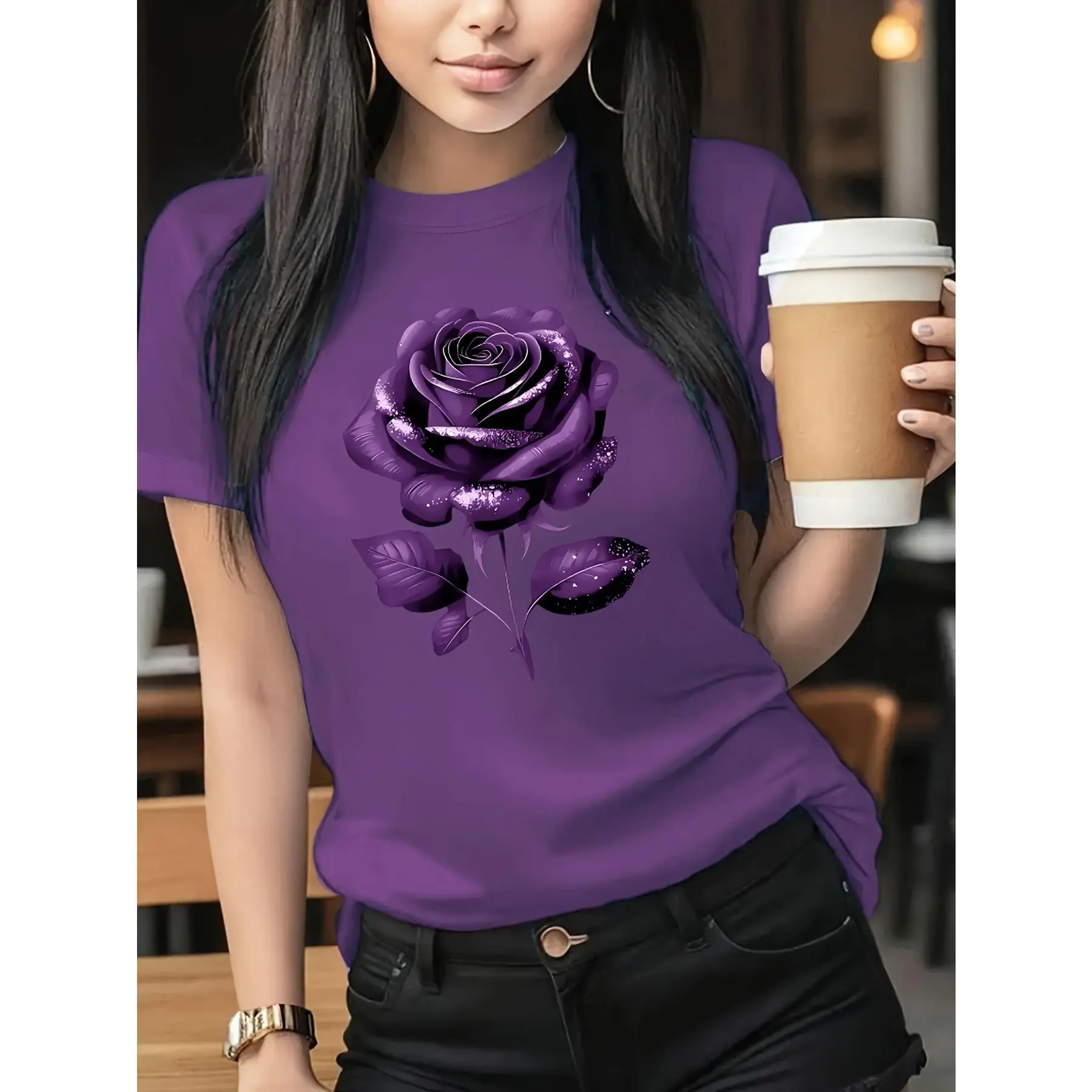 Women's 100% Cotton Smooth Fabric Long Sleeve T-Shirt, Unisex Printed Elegant Purple Rose Graphic Tee, Stylish Fit Top for Casual Daily Wear & Feminine Style Statements