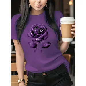 100% Cotton Women's Long Sleeve T-Shirt Elegant Purple Rose Graphic Tee Stylish And Floral - Themed Top For Casual Daily Wear Outings And Feminine Style Statements