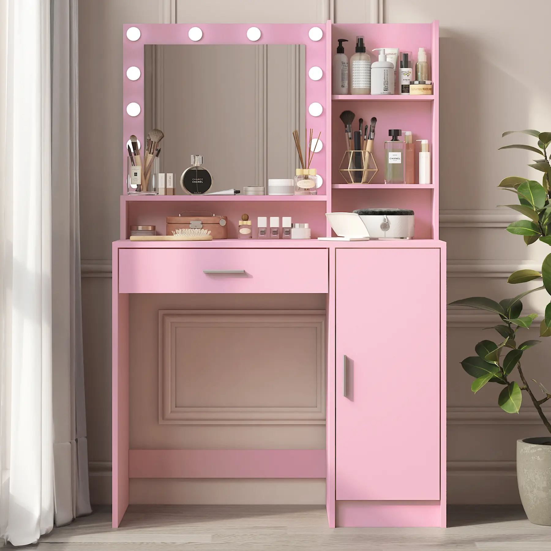 Pink Vanity Desk with Mirror & Light, Large Drawer Three Level Storage Dresser, 3 Lighting Modes Adjustable Brightness, Bedroom Dressing Table