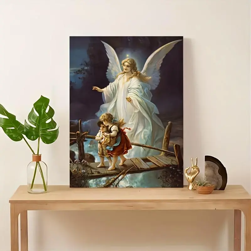 Home Wall Decor Guardian Angel Canvas Painting 1pc Framed Religious Artwork for Bathroom Bedroom Office Living Room Spiritual Decor Ornaments