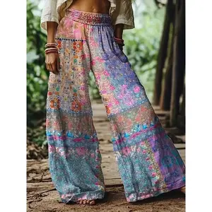 Women's Bohemian Floral Print Wide-Leg Pants - Elastic Waist Loose Fit Long Pants with Pockets, Vibrant Multicolor Floral Design for Spring Summer Fall Casual Outings & Beach Vacations, Summer Clothing, Patterned Textile, Outdoor Leisure, Print Trousers,