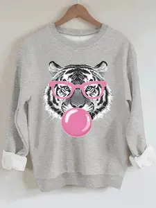Women's Tiger Bubblegum Animal Print Crewneck Sweatshirt, Casual Loose Long Sleeve Top, Fall & Winter Comfort, Durable Fabric