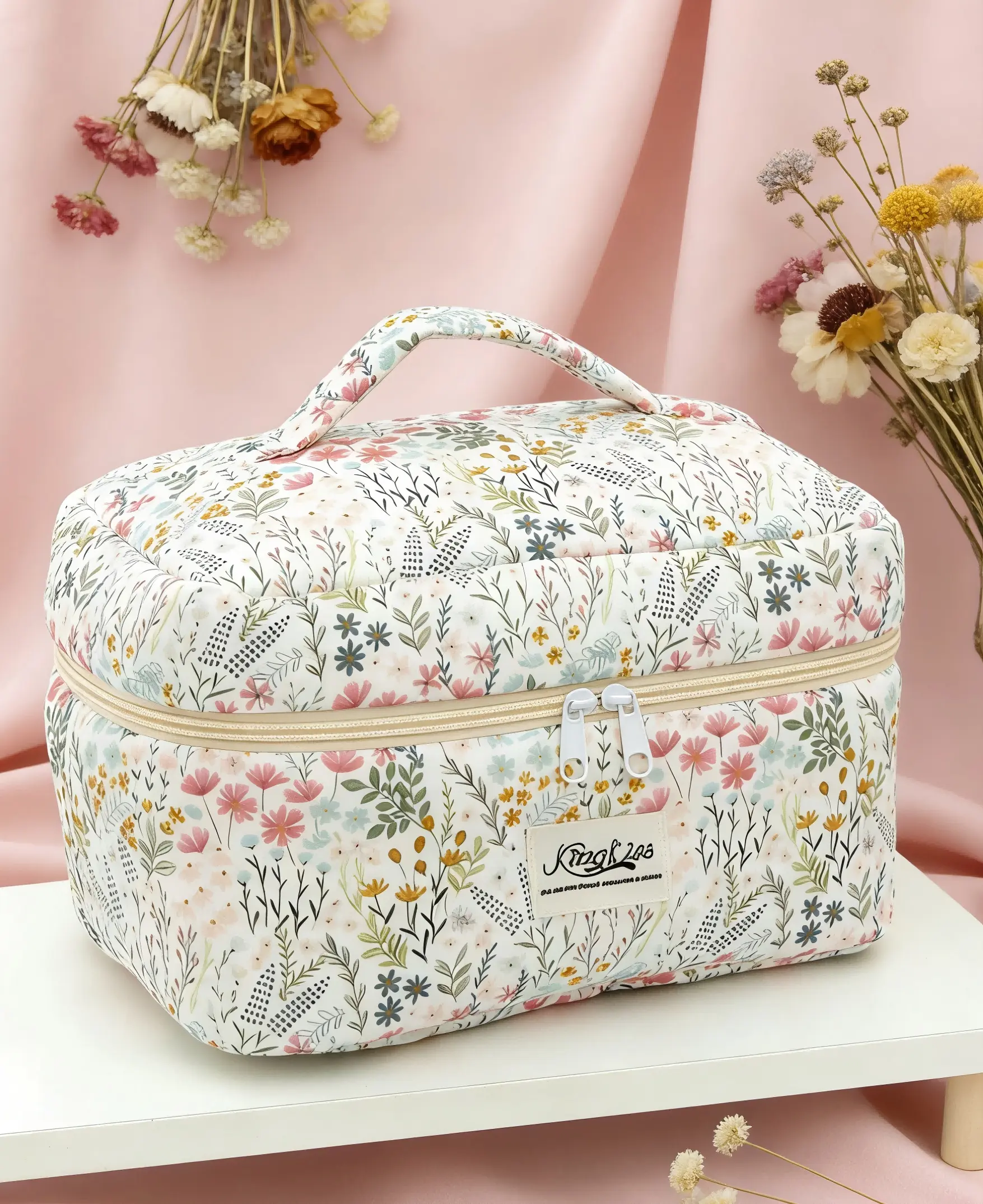 Large Floral Makeup Bag – Portable Cosmetic Organizer with Zipper & Handle, Ideal for Travel, Vanity & Everyday Storage