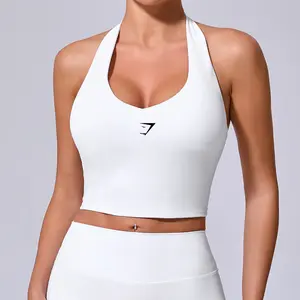 [With Logo]  Gymshark  Style Halterneck Sports Bra, Quick-Dry Shockproof Push-Up Workout Gym Bra for Running