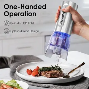 Electric Salt and Pepper Grinder Set, Type-C 1000mAh Rechargeable Stainless Steel Automatic Grinder, Stepless Ceramic Grinding, 2 x 100ml Food-grade Bins, Built-in LED Light, Kitchen Essential