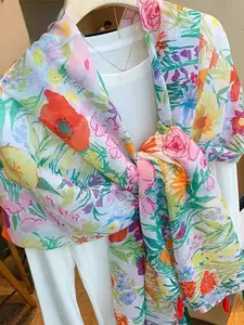 New Floral Shawl Scarf for Women, Spring Summer Thin Sun Protection Beach Towel, Air Conditioning Room Mesh Scarf, Travel Wrap