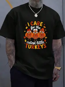 100% Cotton Unisex I Care for the Cutest Little Turkeys Thanksgiving Nurse T-Shirt, Men's Women's Shirt Top, Short Sleeve Tops Crewneck T-shirt
