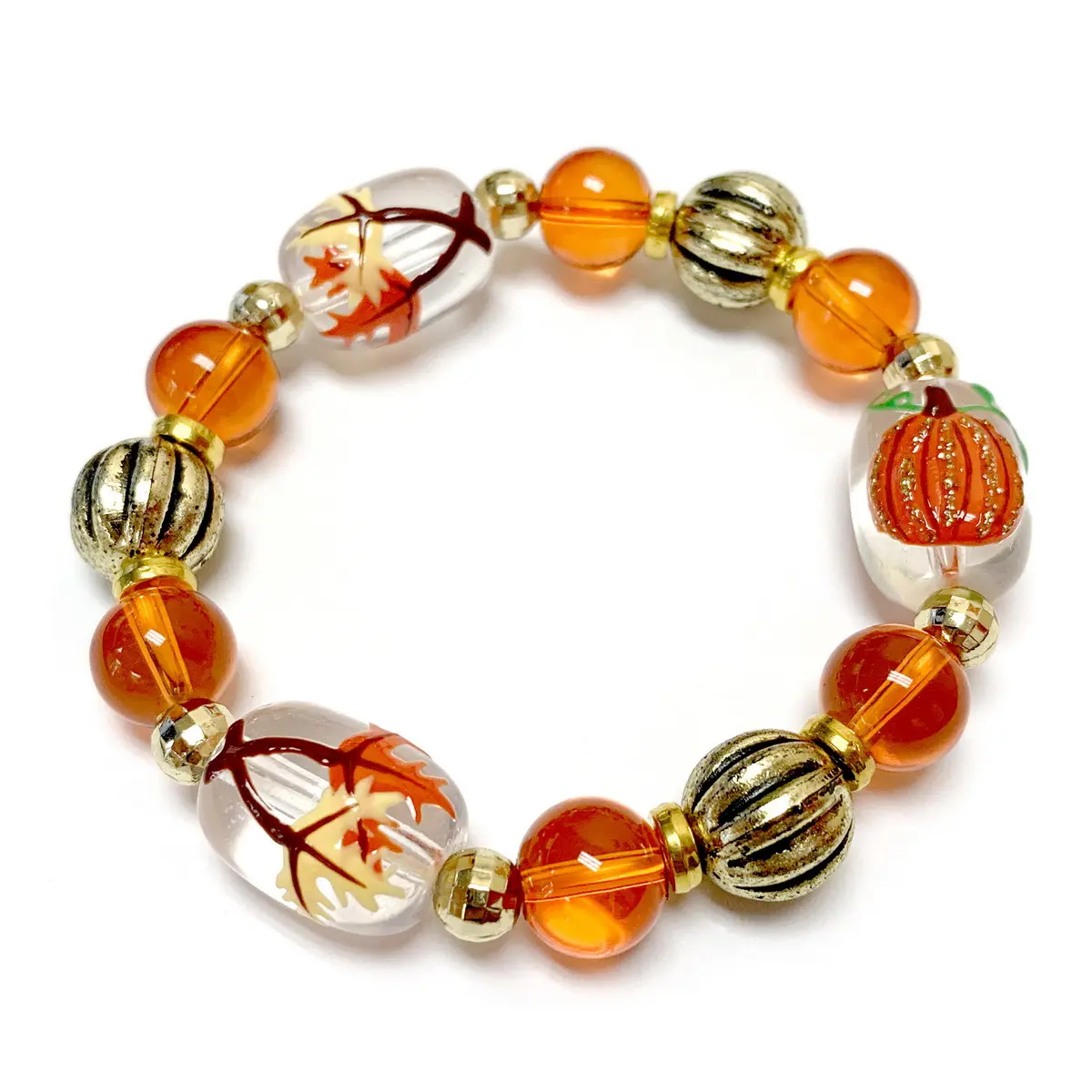 Autumn Bracelets for Women, Leaves Pumpkin Handmade Glass Beaded Stretch Jewelry, Fall Christmas White Elephant Gift for Her, 1 Pc