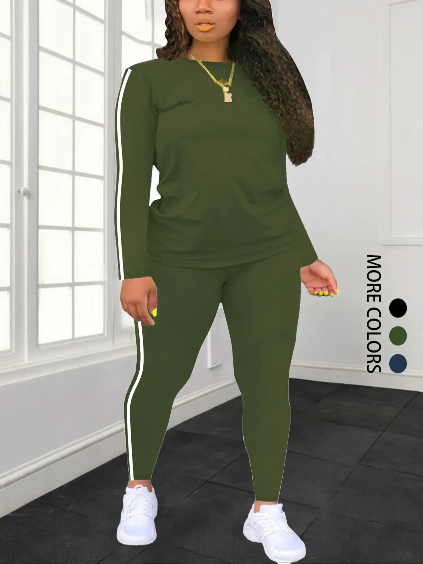 Plus Size Striped Two-Piece Athleisure Wear Set, Side Stripe Long Sleeve Top & Pants, Elastic Waist Casual Sportswear, Matching Workout Set, Sporty Style Outfits for Fall Winter Outdoor Activities, Fitness Outfit Athleisure