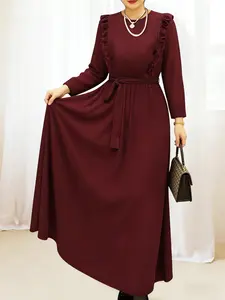 Elegant Wine Long Sleeve A-Line Dress, Tie Waist Wood Trim, Fashionable Women's Skirt, Perfect for Any Occasion