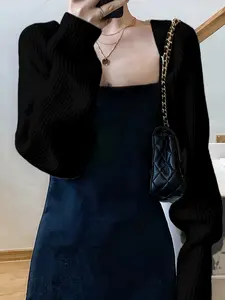 Casual Batwing Sleeve Crop Cardigan, Long Sleeve Front Button Up Top, Perfect for Daily Wear, Fashionable Simple Style, Sweater