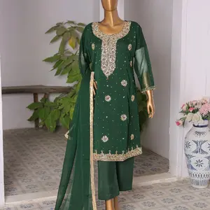 Emerald & Gold Pakistani Chiffon Wedding Outfit with Delicate Hand Embroidery for Wedding Guests and Semi-Formal Occasions