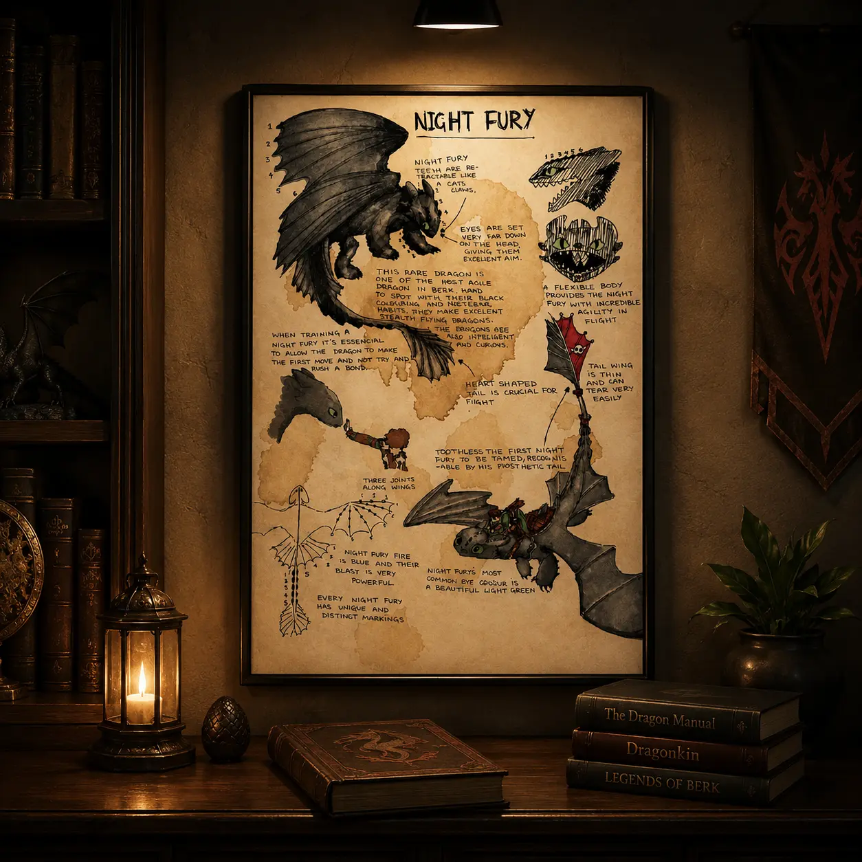 Black framed Night Fury anatomy vintage parchment canvas, How to Train Your Dragon Toothless schematic wall poster. Fantasy animation collectible decor for game room, fan cave and study, ideal gift for dragon movie lovers.