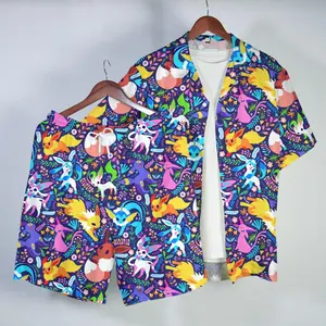 Unisex Umbreon Eevee Tropical Casual Button-Up Hawaiian Set, Short-Sleeve Fabric Beach Outfit, Summer Night Fantasy Pattern Matching Set Gift