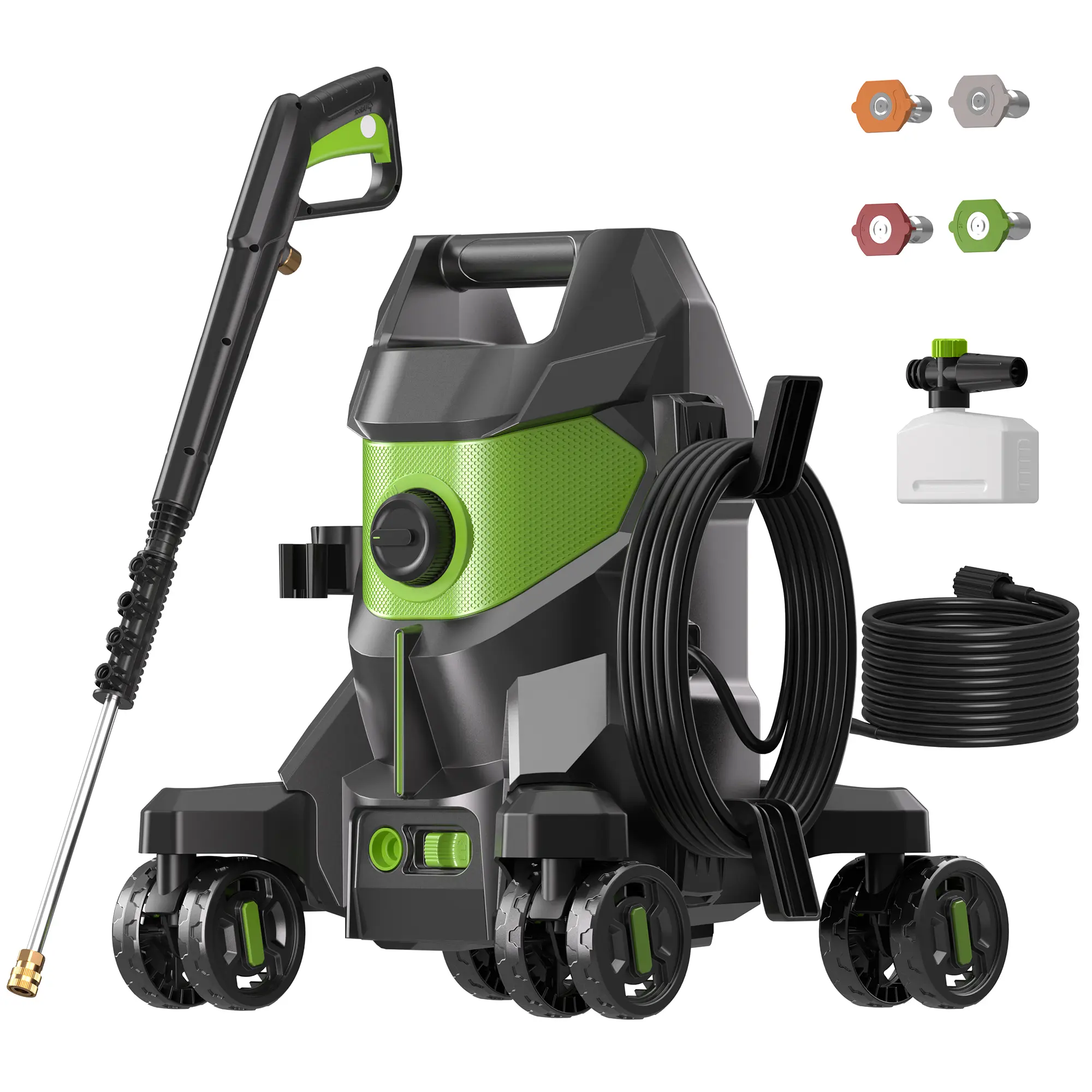 Pressure Washer Power Washer with Foam Cannon, 4 Quick-Connect Nozzles (0°-40°), 4 Swivel Wheels with Brakes, Anti-Tip Base for Cars, Driveways, Patios, Home Cleaning