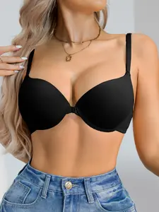 Women's Plunge T-Shirt Bra, Seamless Push Up Underwire Design, Adjustable Straps, Plain & Casual Style, Ideal for Everyday Wear