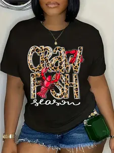 100% Cotton Unisex Crawfish Season Leopard Funny Crawfish Boil Lobster Cajun Round Neck Short Sleeve T-Shirt Women's Men Graphic Tee