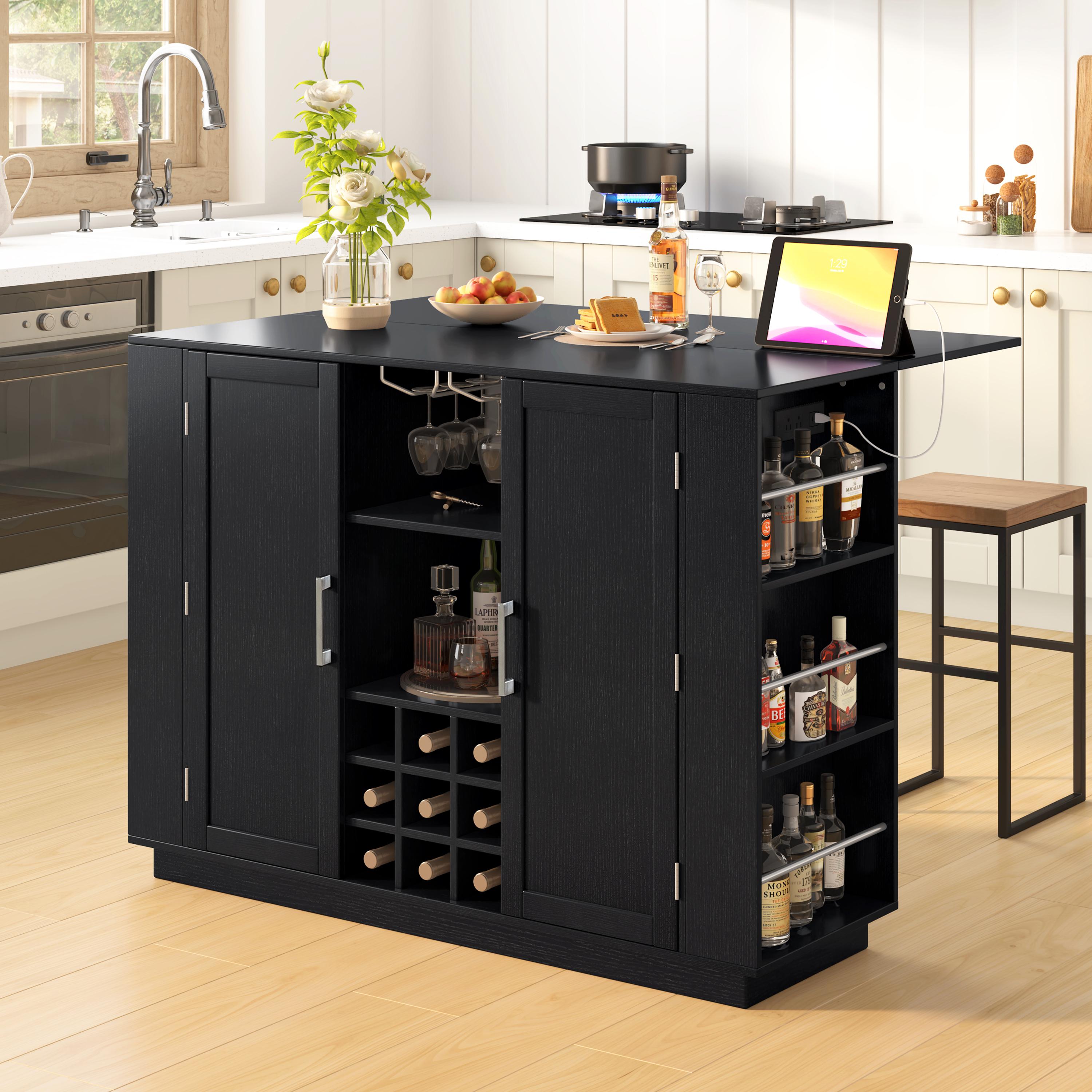 47.2" Multi-functional Extendable Kitchen Island with Drop Leaf, Built-in Power Outlet, Home Coffee Bar Wine Cabinet with Bottle Rack & Glass Holder, 2-Door Buffet Sideboard with Open Side Storage Shelves, Water-resistant Easy Clean MDF, Space Saving