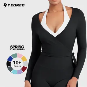 YEOREO Women Pilates Wrap Top Long Sleeve Tie Ballet Workout Yoga Shirt Michelie Y2K V Neck Cropped Tops Athletic Fashion Activewear