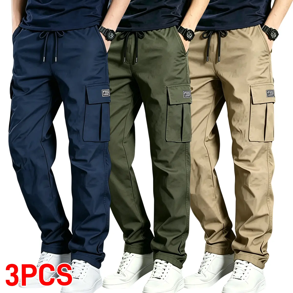 3-Pack Men’s Vintage Style Loose Cargo Casual Pants with Multiple Pockets — Spring/Autumn, Urban Walking & Outdoor Activities
