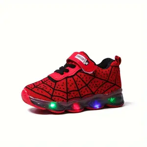 Fashion Cool Spider Web Low-Top Sneakers with LED Lights Boys, Children, and Teenagers, Breathable Lightweight Non-Slip Sneakers with Hook and Loop Fasteners Outdoor Walking and Running, Spring and Autumn Sports Casual Shoes