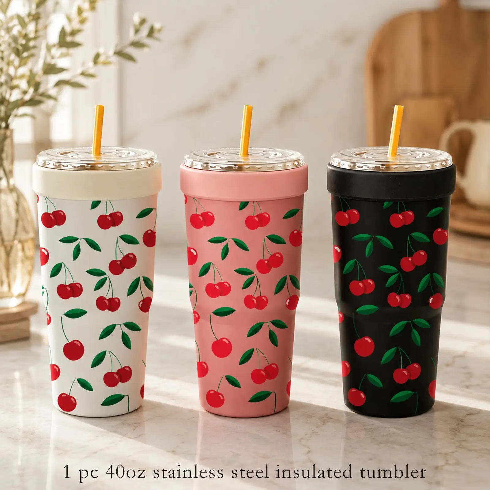 1 Pc 32oz Cute Cherry Print 2-in-1 Insulated Can Cooler, Includes Tumbler Lid, Converts into a 32oz Travel Tumbler, Double Wall Vacuum Stainless Steel, Fits Most 16-24oz To-Go Coffee & Bubble Tea Cups, Perfect for Halloween, Christmas & Daily Use