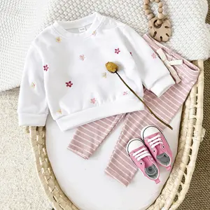 2Pcs Spring Autumn Baby Clothes Cute Exquisite Floral Embroidery Round Neck White Sweatshirt + Pink White Striped Casual Gentle Trousers Infant Toddler Fashion Set Outfit