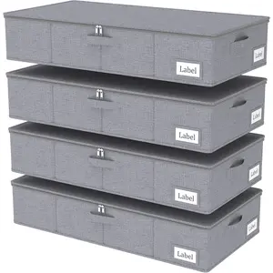 Foldable Underbed Bags, Containers Bin with Lids, Large Bed Organizer Box, with Sturdy Zipper und Label Holders, for Clothing, 31.5''Lx15.7''Wx6''H, 4 Pack, Grey