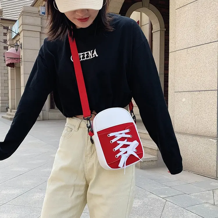 1 lightweight canvas crossbody bag, a mini bag in a unique shoe-shaped design, a shoulder bag with adjustable straps, a durable women’s zipper chest bag that can hold a phone, keys, and various small personal items.