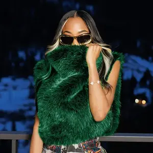 Women's Fall Winter Stand Collar Faux Fur Vest, Slim-Fitting Thick Kint Fabric Street Style Jacket, New Arrival Casual Outerwear