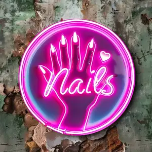 1pc Vibrant Neon Sign "Nail" - Round Metal Wall Art With Pink & Purple Glow, Fashionable Tin Sign, Ideal Gift For Friends, Family, DIY Enthusiasts, Neon Sign For Wall Decor, Suitable For Room, Home, Bar, Cafe - Random Hole Design