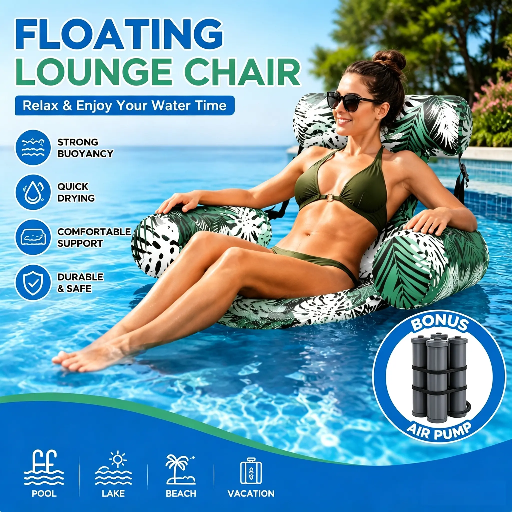 Solo Water Float Recliner for Adults, Heavy-Duty Thickened Anti-Tear Cloth & Ergonomic Support Backrest, Delicate Tropical Monstera Foliage Design, Matched with Free Hand Inflator for Lakeside Relaxation