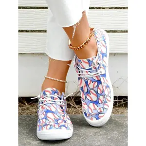 Women's Fashionable Baseball Print Lace Up Low Top Sneakers, Casual Comfortable Breathable Sports Shoes, Female All-match Round Toe Shoes for Daily Wear