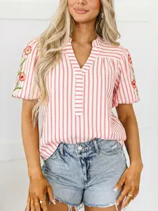 Stripe Print Floral Embroidered Puff Sleeve V Neck Blouse