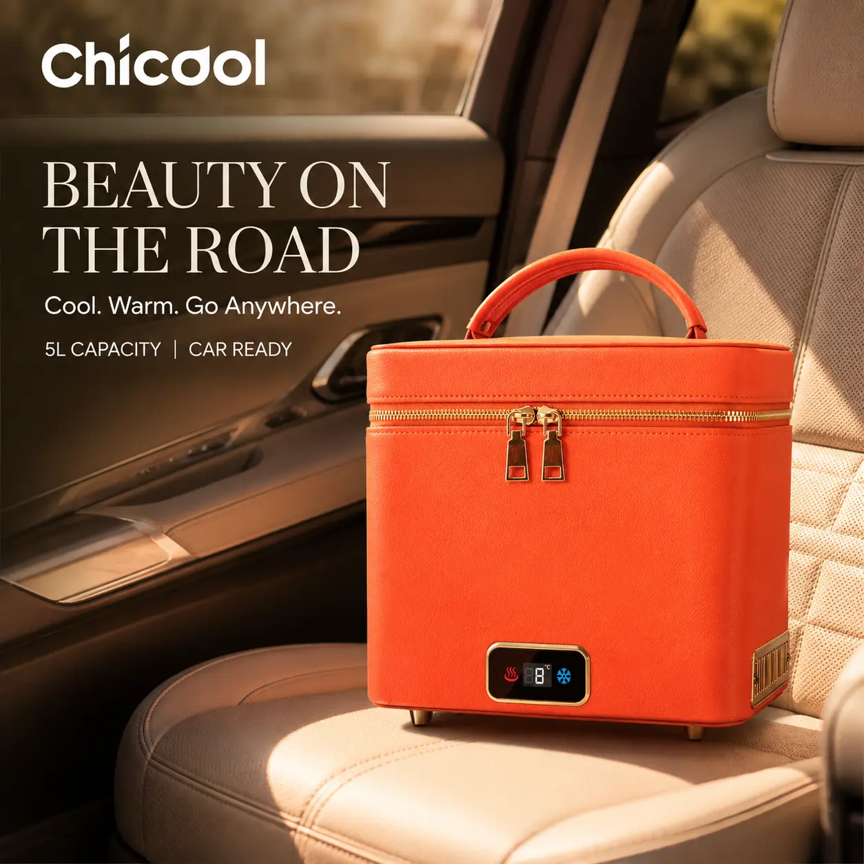 Skincare Fridge - 5L Makeup Fridge for Refrigerating Makeup, Skincare and Food, Mini Fridge for Bedroom, Office and Car, Cooler and Warmer, Beverage Cooler, Leather Orange