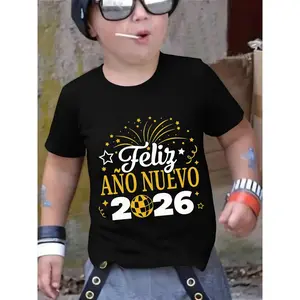 Boys' Spanish New Year'S Day T-Shirt - Soft Breathable 2025.98inch Soccer & Fireworks Print, Regular Fit Round Neck Short Sleeve Casual Summer Top for Home