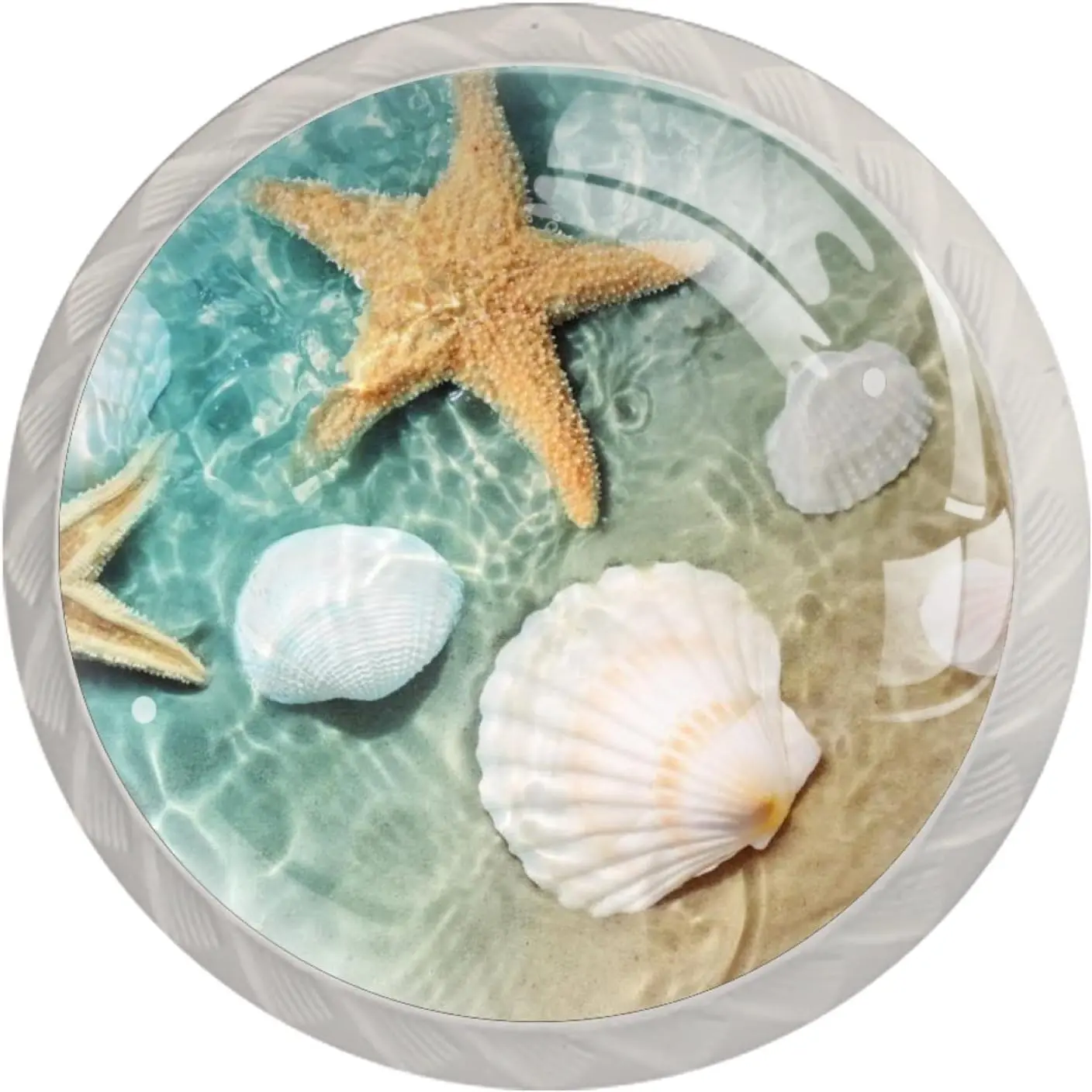 4 Pack Dresr Drawer Cabinet Knobs Beach Starfish ashell Round Shape Crystal Glass Pulls Handles for Kitchen Wardrobe Cupboard Door Hardware with Screws