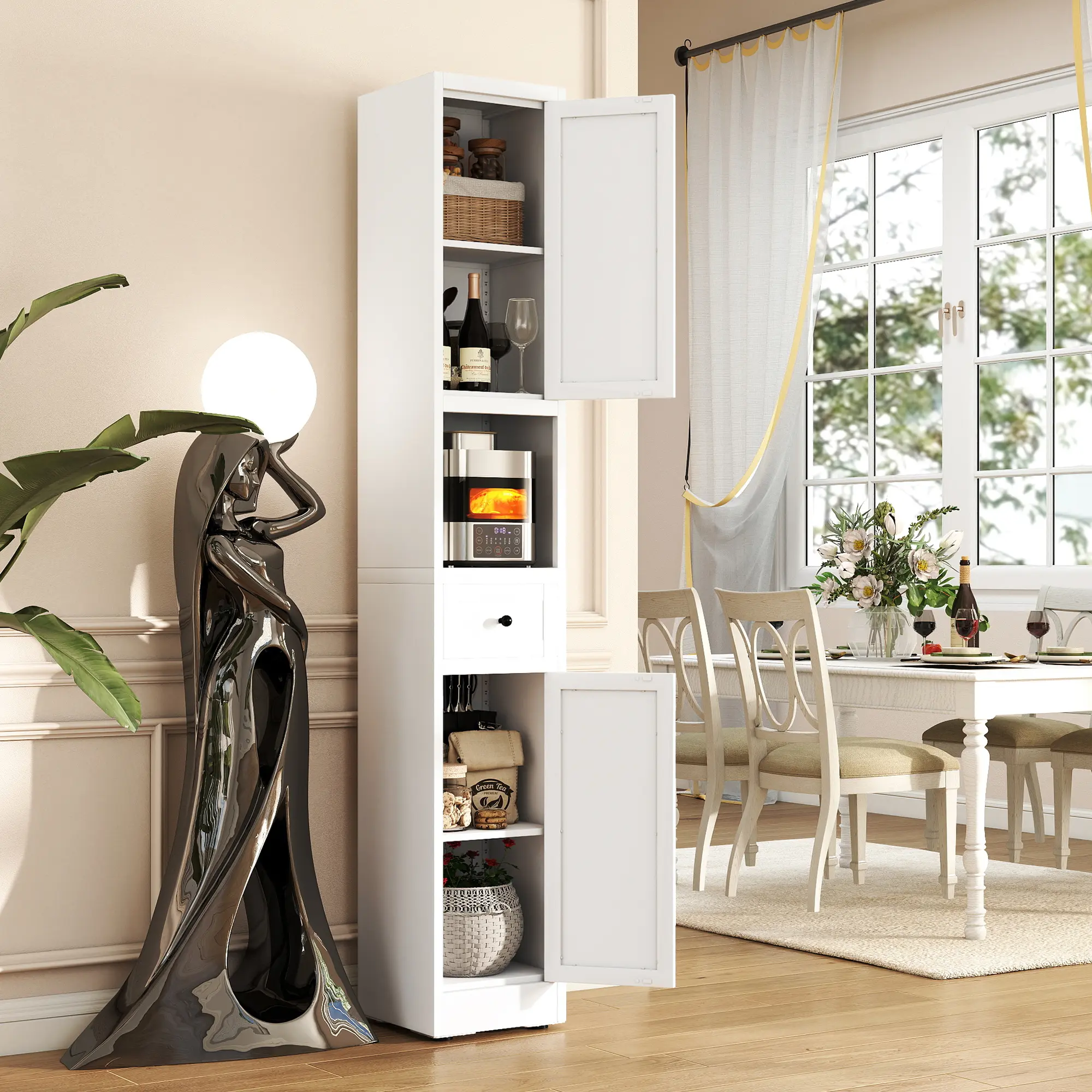 71" Tall Freestanding Storage Cabinet | Slim Narrow Bathroom Organizer with Doors & Drawer | Wood Pantry Shelf for Small Spaces (Black/White)