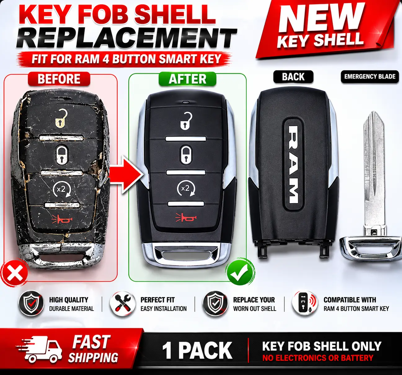 Replacement Dodge Ram key shell replacement