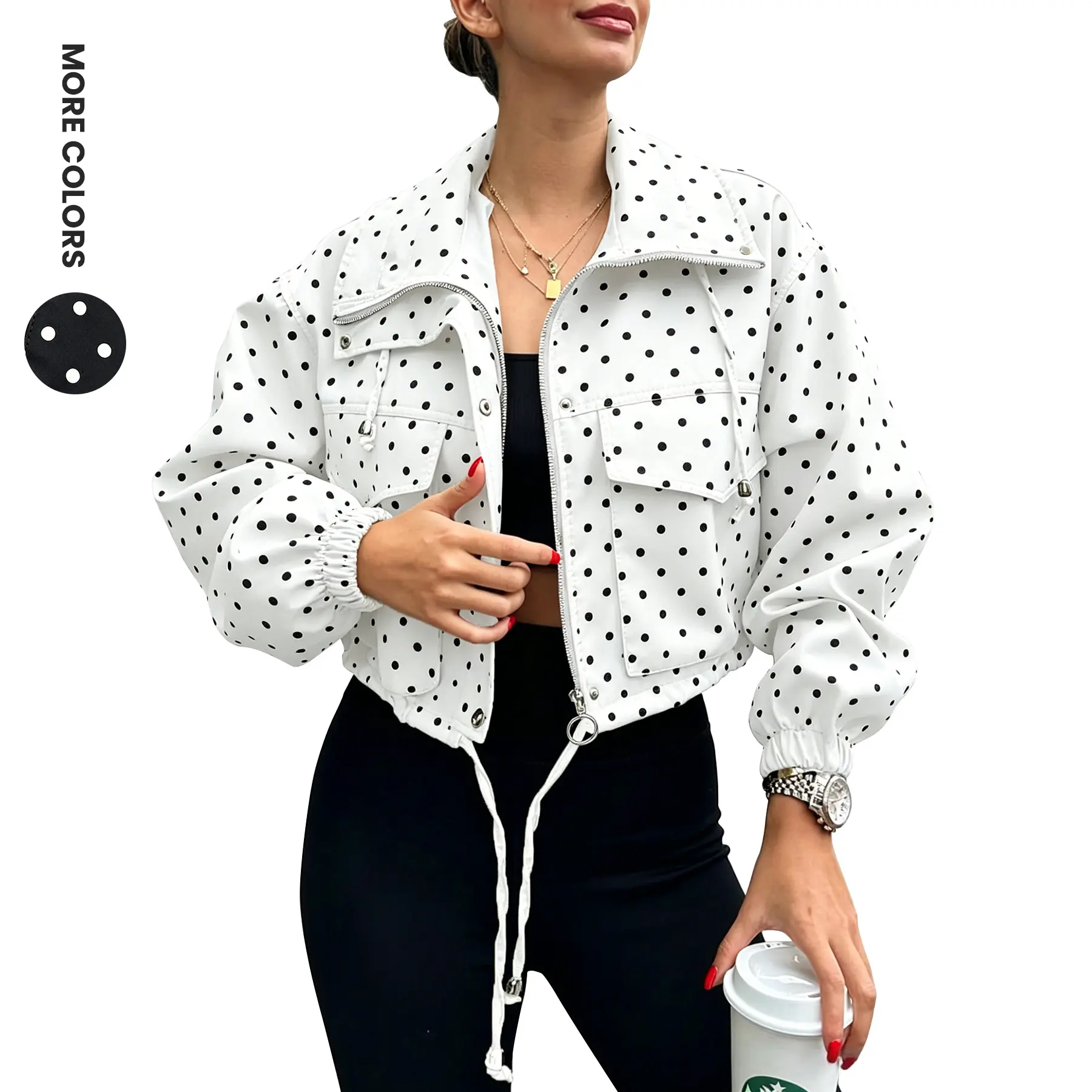 Aswulk Women Polka Dots Zip Up Utility Cropped Jacket, Lightweight Drawstring Coat with Pockets Snap Buttons for Spring Fall