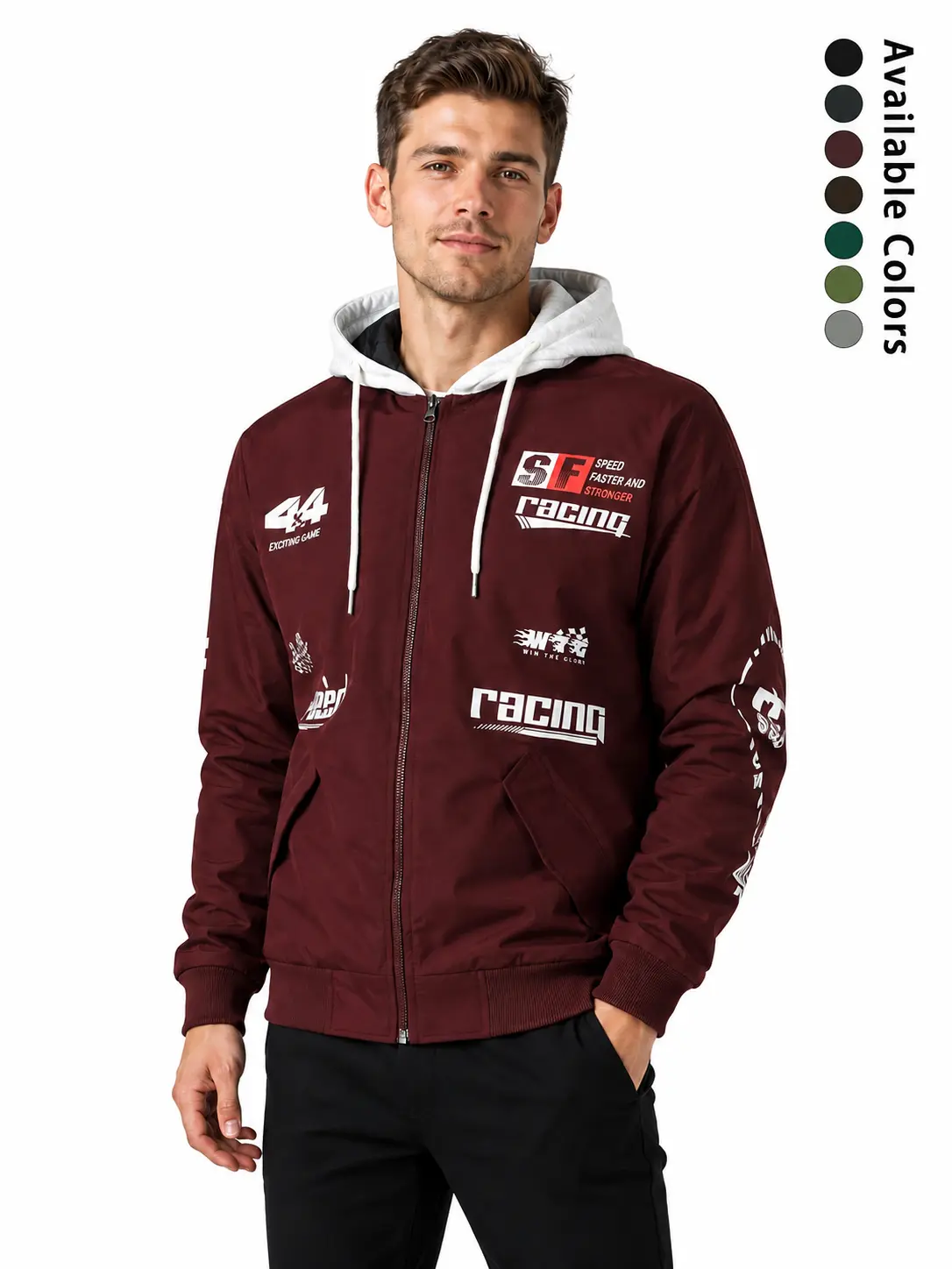 Vintage racing flag letter pattern hooded windproof jacket, full-zip closure, lightweight loose fit men’s street outerwear