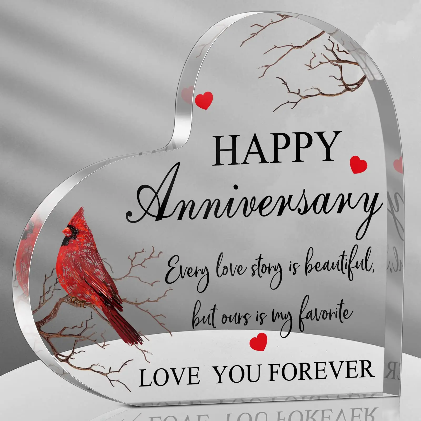 Happy Anniversary Cardinal Gift for Women Heart-Shaped Acrylic Present for Her Him Couple Wife Husband Girlfriend Boyfriend Every Beautiful Love You Forever Design