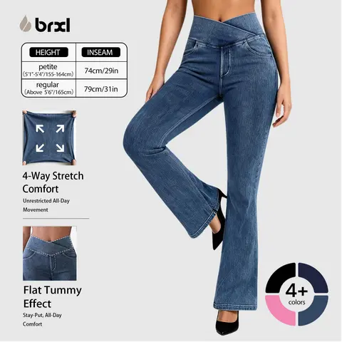 BRXL Women's High Waist Stretchy Crossover Denim Pants  Flare Bootcut with Pockets, Trendy Flattering Outdoor Streetwear for Fall #sohochi #falloutfits, Jeans