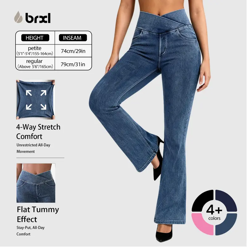 BRXL Women's High Waist Stretchy Crossover Denim Pants  Flare Bootcut with Pockets, Trendy Flattering Outdoor Streetwear for Fall #sohochi #falloutfits, Jeans