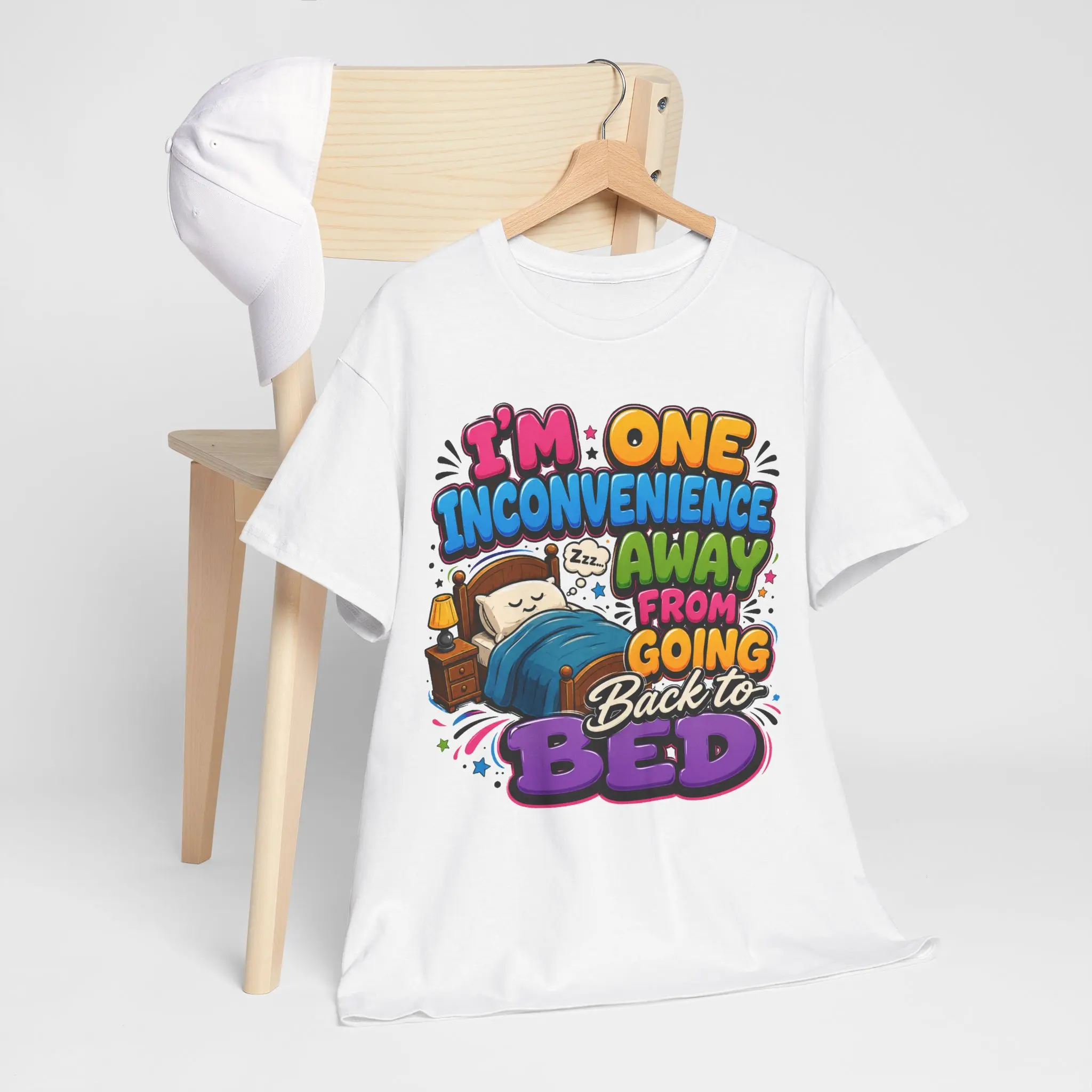 I'm One Inconvenience Away From Going Back to Bed T-Shirt | Funny Sleepy Cartoon Tee Casual Cotton